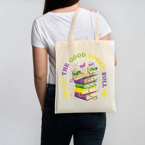 Let The Good Books Roll Mardi Gras Reading Canvas Tote Bag - Bookorys DE