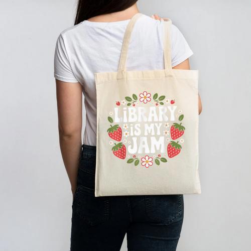 Library Is My Jam Librarian Book Lover Strawberry Canvas Tote Bag - Bookorys CA