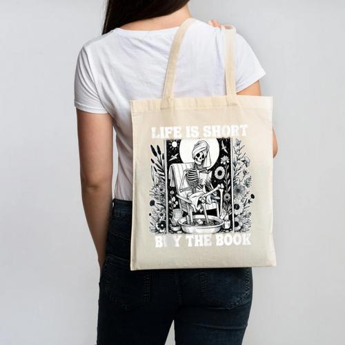 Life Is Short Buy The Book Introvert Skeleton Reading Canvas Tote Bag - Raresse