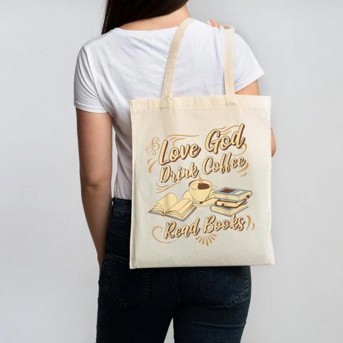 Love God Drink Coffee Read Books Christian Tee Canvas Tote Bag - Bookorys
