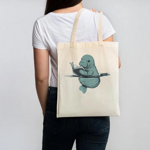 Manatee Reading Book Bookworm Manatees Ocean Animal Lover Canvas Tote Bag - Bookorys DE