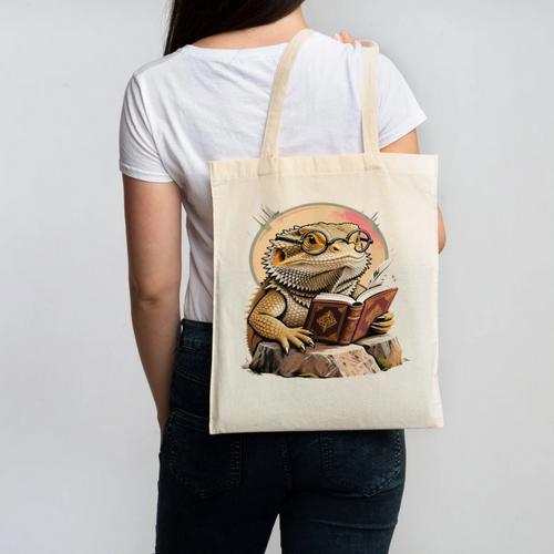 Nerdy Bearded Dragon Glasses Book Reading Canvas Tote Bag - Bookorys