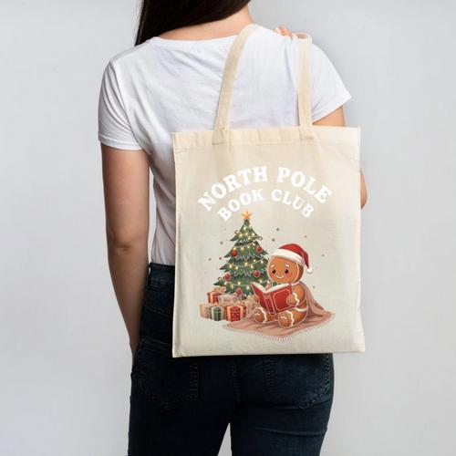 North Pole Book Club Gingerbread Christmas Reading Canvas Tote Bag - Bookorys CA