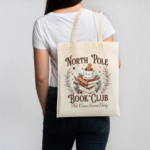North Pole Book Club Hot Cocoa Served Daily Librarian Xmas Canvas Tote Bag - Bookorys
