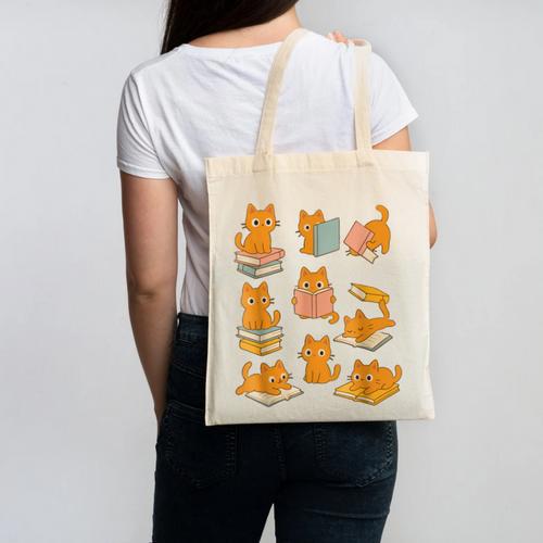 Orange Cats Reading Books Cat Lover Canvas Tote Bag - Bookorys