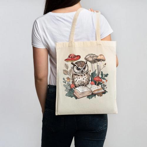 Owl With Books Reading Cottagecore Aesthetics Canvas Tote Bag - Bookorys