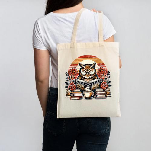 Owl Reading Books Book Library Bookworm Canvas Tote Bag - Bookorys