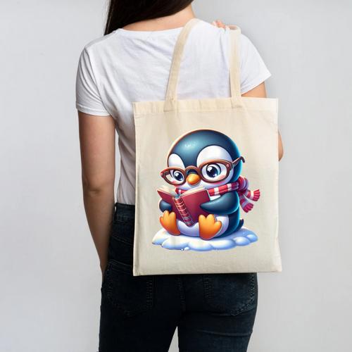 Penguin Reading a Book Animal Canvas Tote Bag - Bookorys