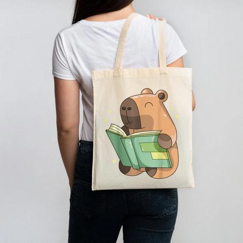 Pet Capybara Is Reading Library Capy Word Book Day Teacher Men Women Kids Canvas Tote Bag - Bookorys CA