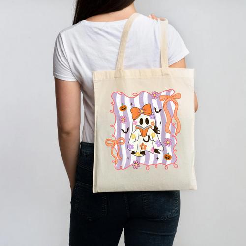 Preppy Coquette Bow Ghost Reading Books Halloween Book Canvas Tote Bag - Bookorys