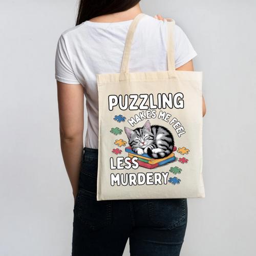 Puzzling Makes Me Feel Less Murdery Introvert Puzzle Cat Canvas Tote Bag - Raresse