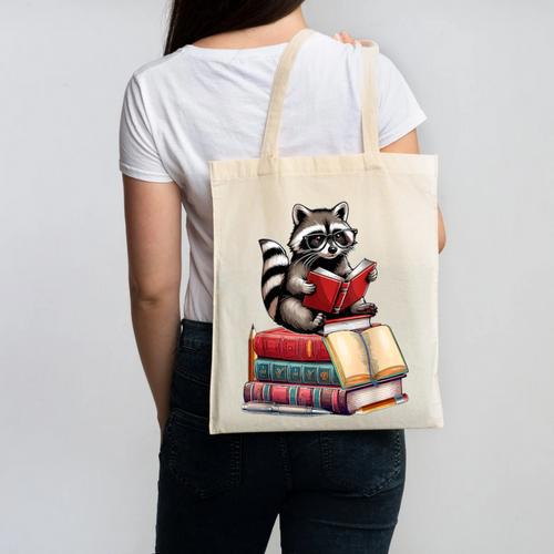Raccoon Reading Books Matching Bookworm Readers Librarian Canvas Tote Bag - Bookorys