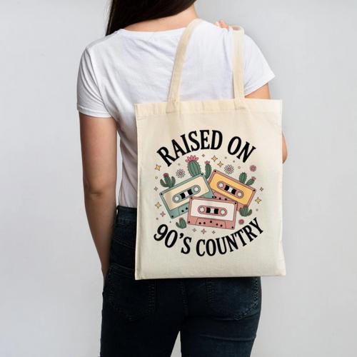 Raised On 90's Country Music Lover Nostalgia Retro Vibe Canvas Tote Bag - Figerry