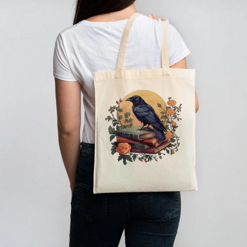 Raven Reading Book Occult Crow Cottagecore Botanical Flowers Canvas Tote Bag - Bookorys