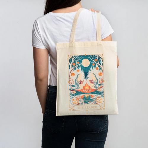 The Reader Bookish Cute Spooky Ghost Reading Book Tarot Card Canvas Tote Bag - Bookorys AU