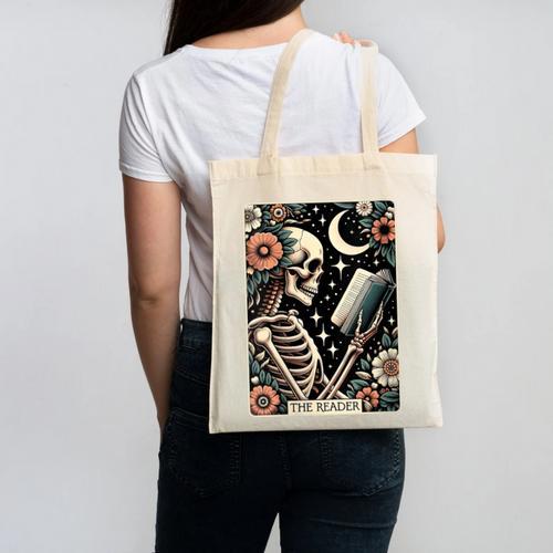 The Reader Tarot Card Skeleton Reading Book Bookworm Bookish Canvas Tote Bag - Bookorys