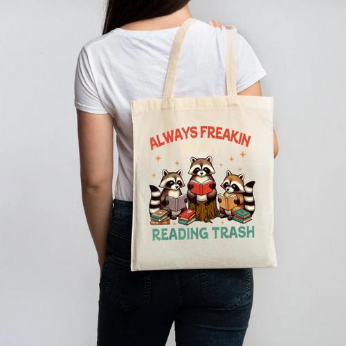 Reading Book Lover Racoon Always Freakin Busy Reading Trash Canvas Tote Bag - Bookorys