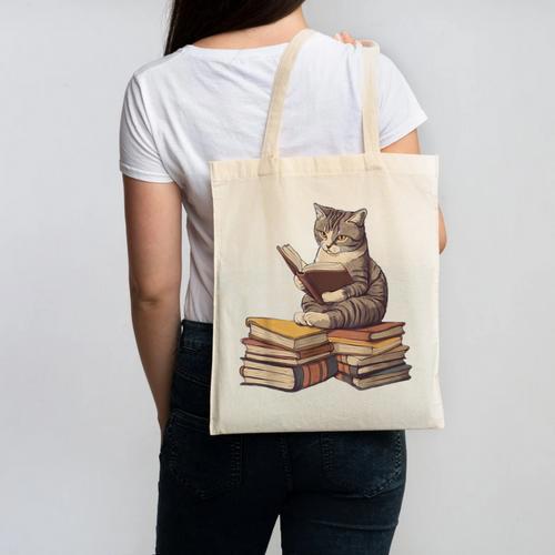 Reading Cat Book Lover Canvas Tote Bag - Bookorys