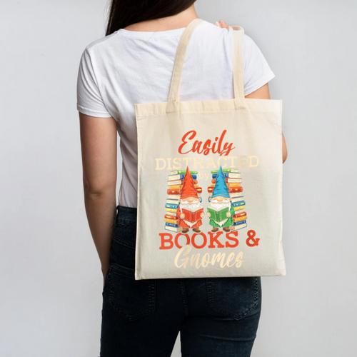 Reading Gnomes Cute Easily Distracted By Books And Gnomes Canvas Tote Bag - Bookorys