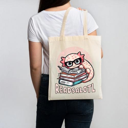 Readsalotl Axolotl Reading Books Glasses Bookworm Pun Fun Canvas Tote Bag - Bookorys