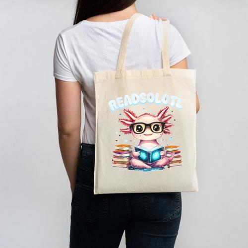 Readsolotl Pink Kawaii Axolotl Read Book Lover Reading Canvas Tote Bag - Bookorys