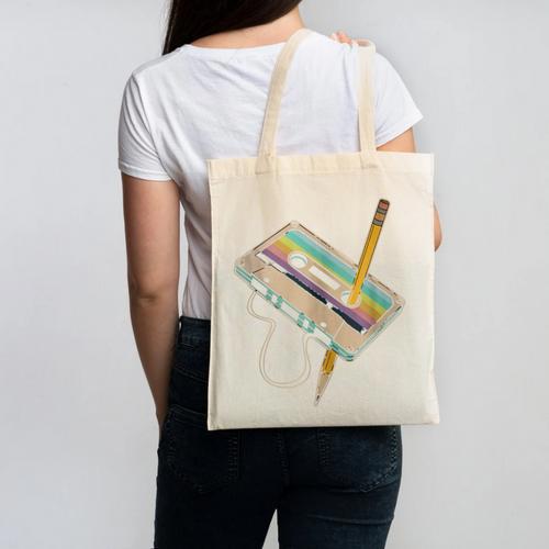 Retro Cassette And Pencil 80s 90s Nostalgia Music Lover Canvas Tote Bag - Figerry