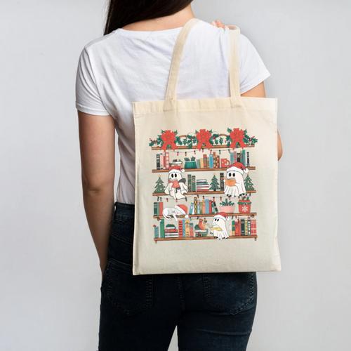 Retro Ghost Reading Book Teacher Librarian Bookish Christmas Canvas Tote Bag - Bookorys CA