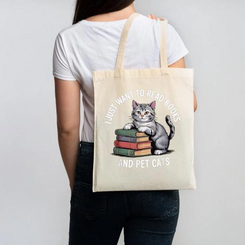 Retro I Just Want To Read Books And Pet Cats Canvas Tote Bag - Bookorys