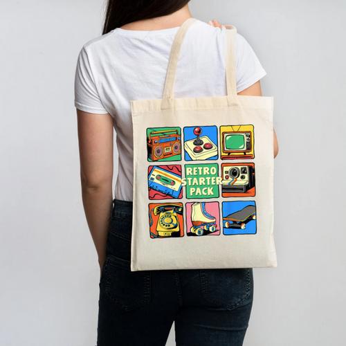 Retro Starter Pack 80s 90s Vintage Nostalgia Cassette Tape Canvas Tote Bag - Figerry