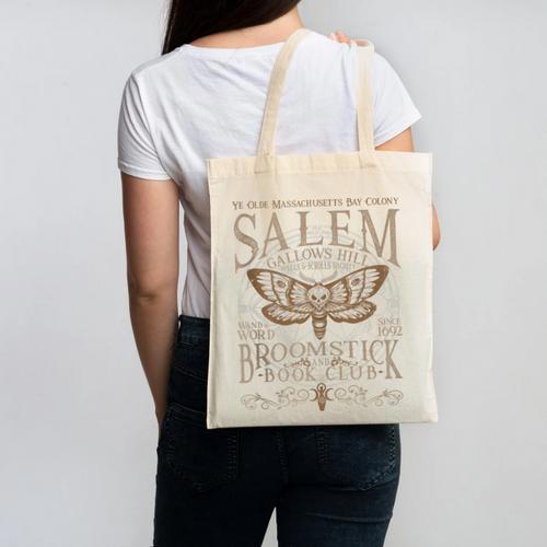 Salem Broomstick Book Club Cottagecore Moth Boho Canvas Tote Bag - Bookorys