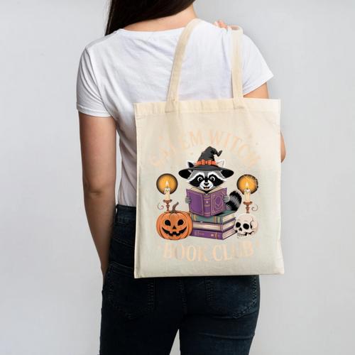 Salem Witch Book Club Bookish Halloween Raccoon Witchcraft Canvas Tote Bag - Bookorys