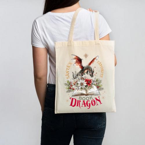 Santa's Favorite Book Dragon Christmas Magic Canvas Tote Bag - Bookorys