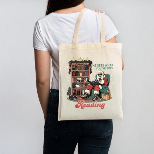 He Sees What You'Ve Been Reading Santa Christmas Bookish Canvas Tote Bag - Bookorys AU