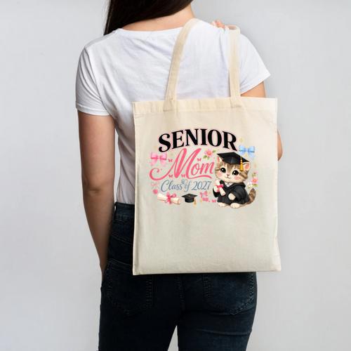 Senior Mom Class Of 2027 Cute Cat Graduation Pink Bows Girls Canvas Tote Bag - Best Gift Smart