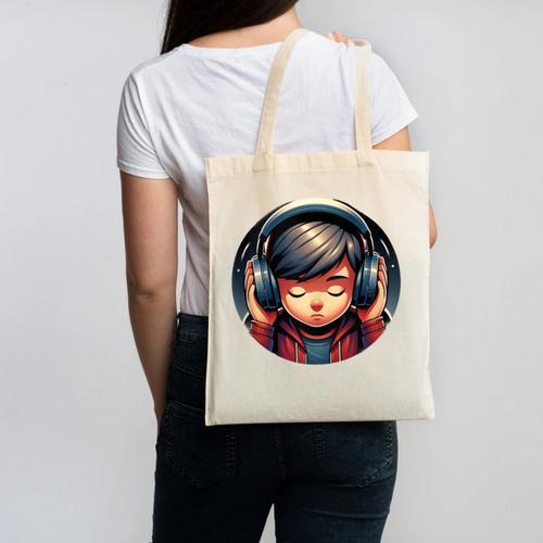 Serene Music Enthusiast With Headphones Introvert Cute Boy Canvas Tote Bag - Raresse
