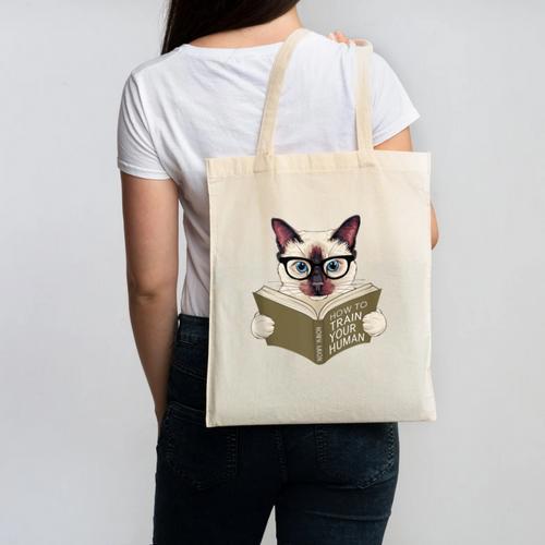 Siamese Cat Reading Book How To Train Your Human Humorous Canvas Tote Bag - Bookorys