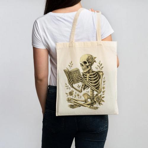 Skeleton Book Floral Skull Halloween Teacher Costume Canvas Tote Bag - Bookorys AU