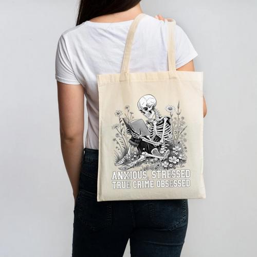 Skeleton Reading Book Anxious Stressed True Crime Obsessed Canvas Tote Bag - Bookorys DE