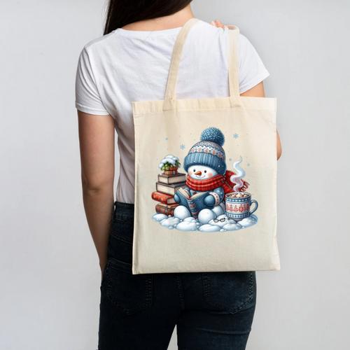 Snowman Reading Books Lovers Librarian Bookworm Christmas Canvas Tote Bag - Bookorys