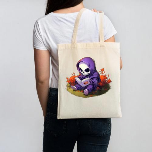 Spooky Grim Reaper Reading A Book Cute Creepy Halloween Canvas Tote Bag - Bookorys