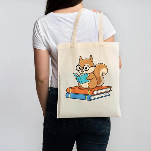 Squirrel Reading Book Glasses Bookworm Librarian Canvas Tote Bag - Bookorys
