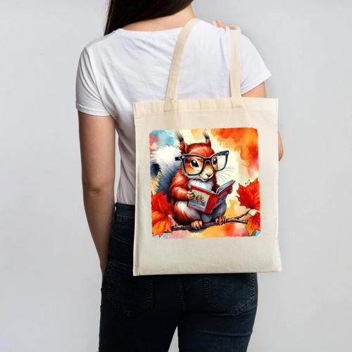 Squirrel Reading Comic Book On Autumn Branch Glasses Leaves Canvas Tote Bag - Bookorys CA