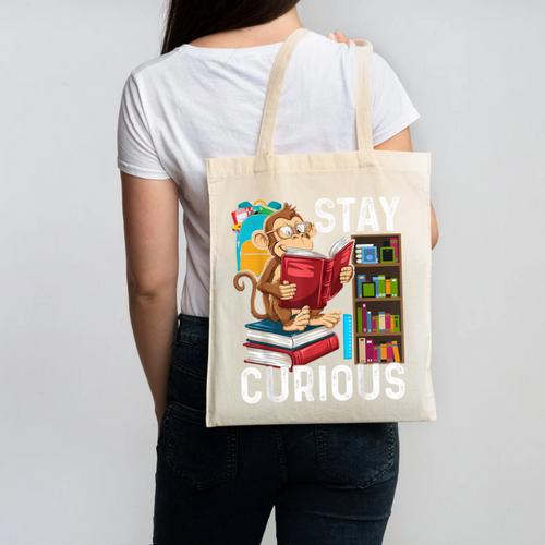 Stay Curious Monkey Reading Book Lover Bookworm Canvas Tote Bag - Bookorys CA