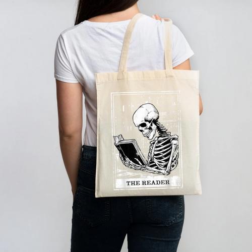 Tarot Card Shirt The Reader Tarot Skeleton Reading Book Canvas Tote Bag - Bookorys