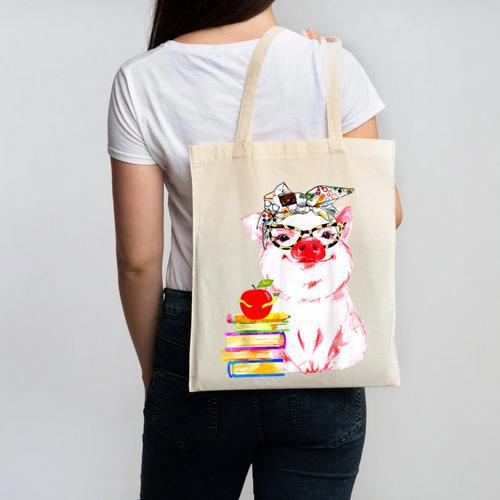 Teacher Pig Cute Farm Animal Book Lover School Student For Men Women Kids Canvas Tote Bag - Bookorys
