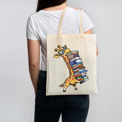 Teacher Shirt Giraffe Holding Books Bookworm Librarian Canvas Tote Bag - Bookorys
