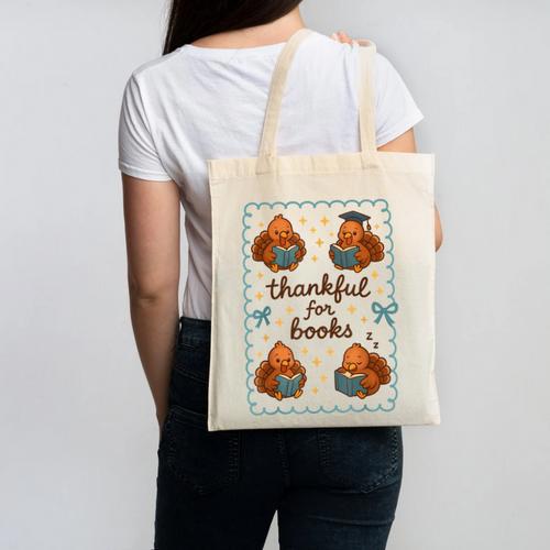 Thankful For Books Turkey Reading Book Lovers Fall Teacher Canvas Tote Bag - Bookorys