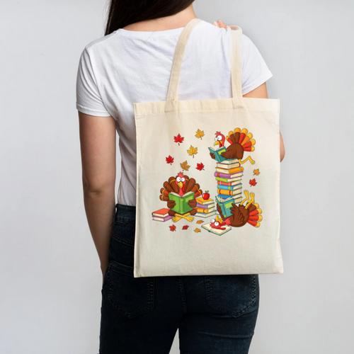 Turkey Reading Books Fall Librarian Book Lover Teacher Kids Canvas Tote Bag - Bookorys UK
