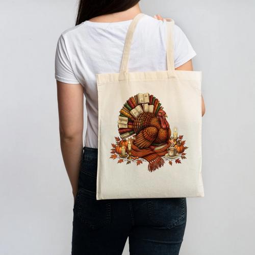 Turkey Reading Books Fall Season Thanksgiving Teacher Book Canvas Tote Bag - Bookorys