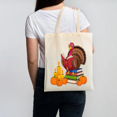Turkey Reading Books Fall Thanksgiving Teacher Book Canvas Tote Bag - Bookorys